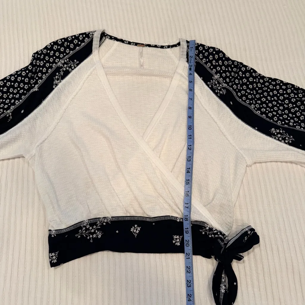 Free People Auxton Thermal Waffle Black White Floral Faux Wrap Top Women's XS - Image 10