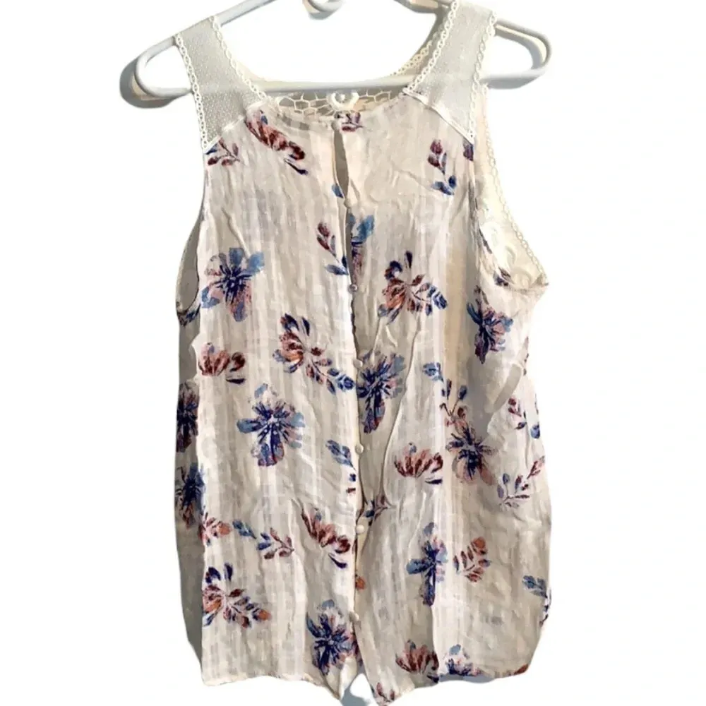 FYLO Floral Gauzy Top Lace Trim Button Back Sleeveless Feminine Romantic XXL Blue - Image 11