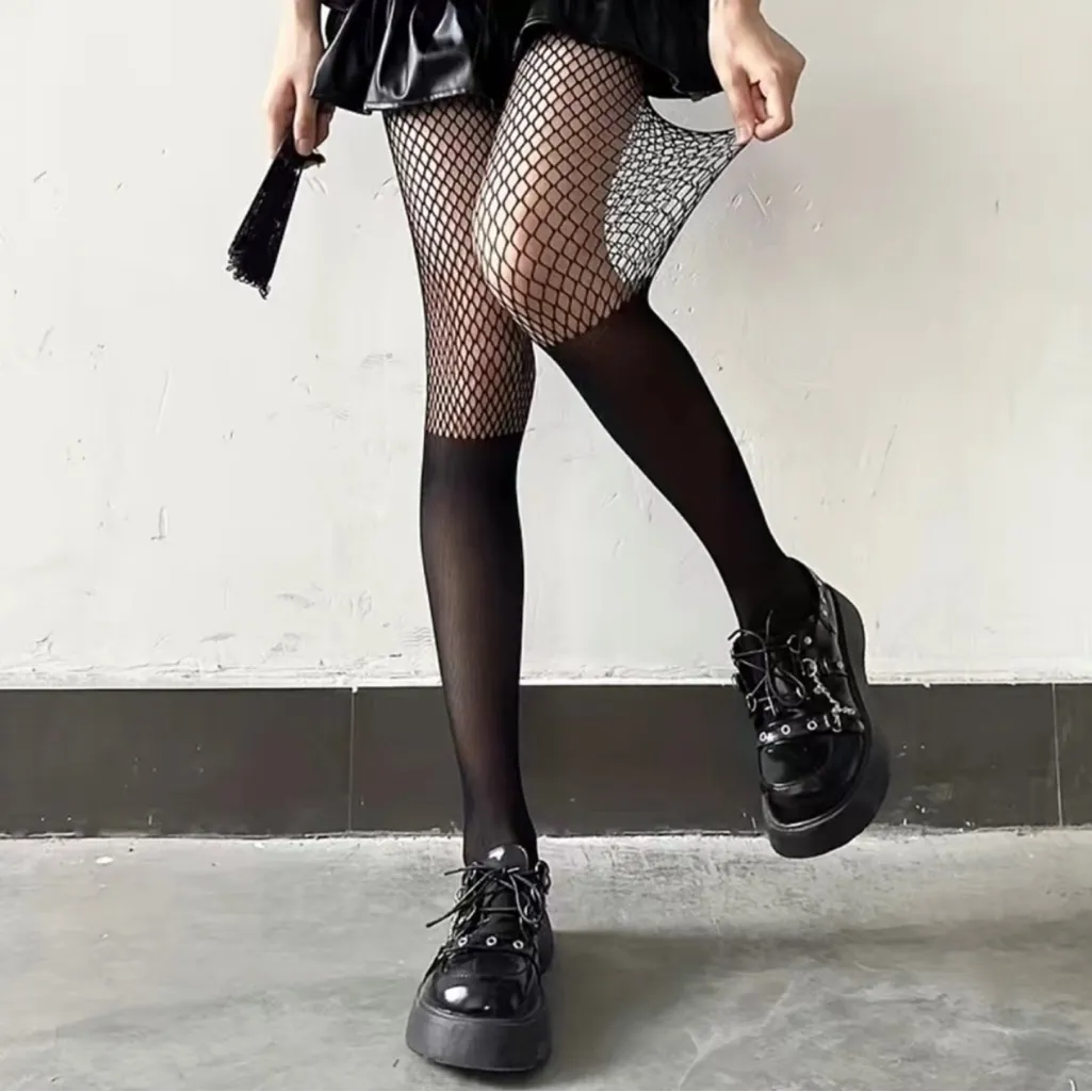 Plus Size Sexy Stockings, Women's Plus Faux Tight High Mesh Contrast Fishnet Hig Black - Image 11