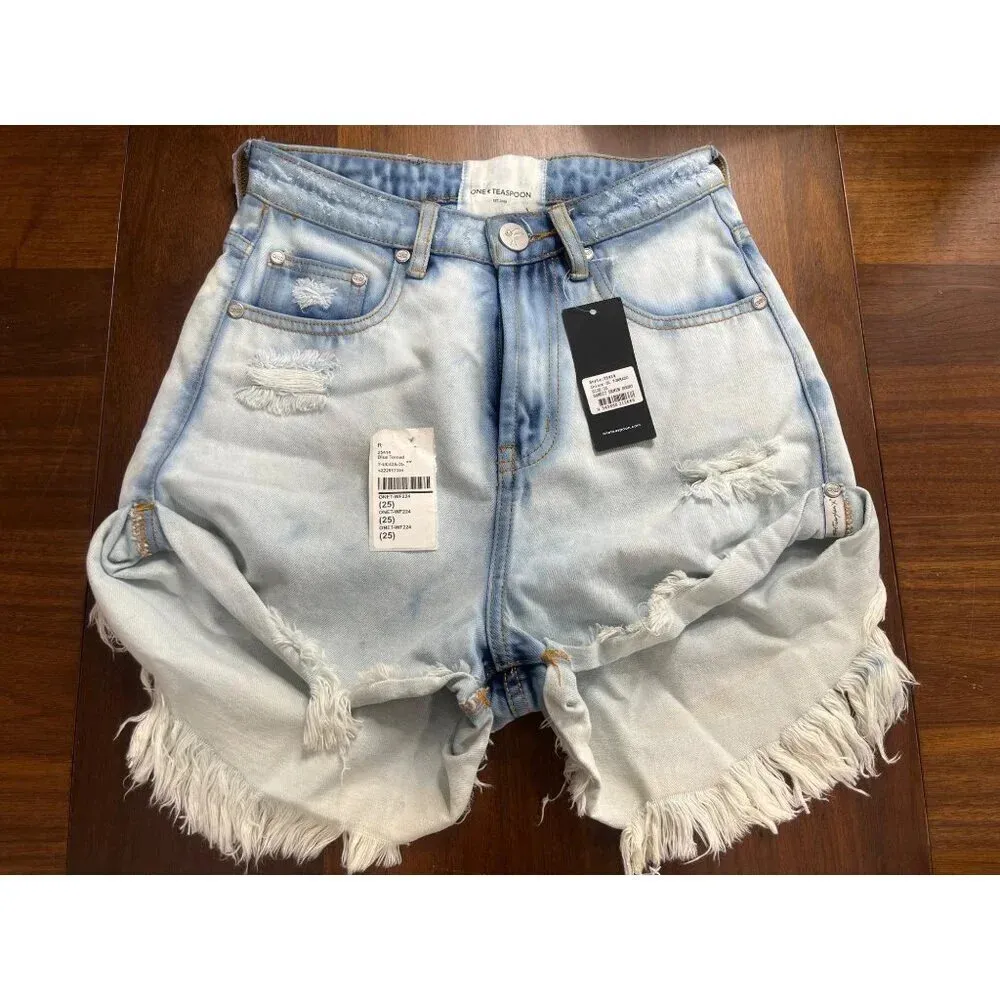 One Teaspoon Bandit High Waist Denim Short in Blue Tornado 25 New Womens Jeans - Image 5