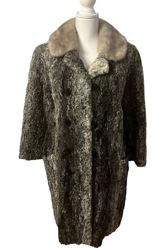 Vintage Genuine Persian Lamb Coat With Sapphire Mink Collar Sz M Double Breasted - Image 1
