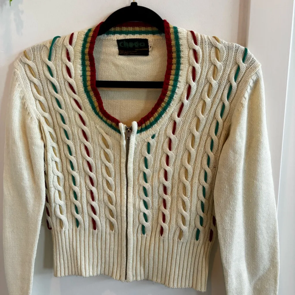 Chego International 70's Vintage Cream Cable Knit Zip Up Women's Sweater Size S Green - Image 2