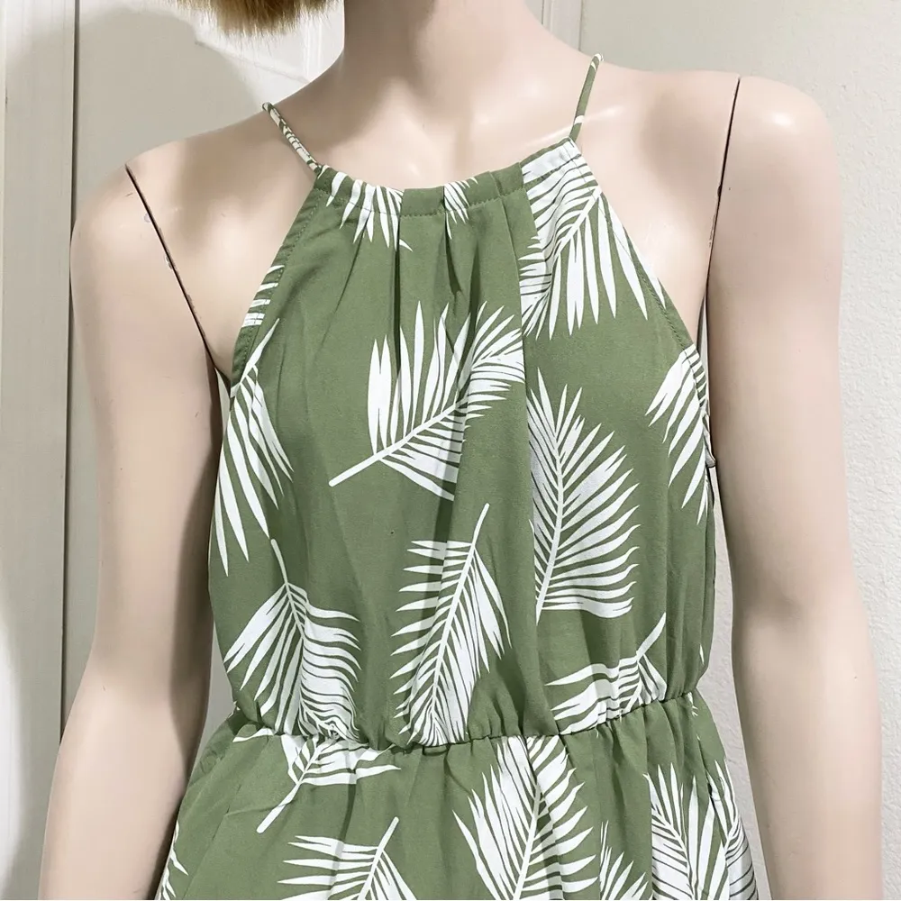CAMELLIA Olive Green Leaf Print Mini Dress Size M Size M - Image 3