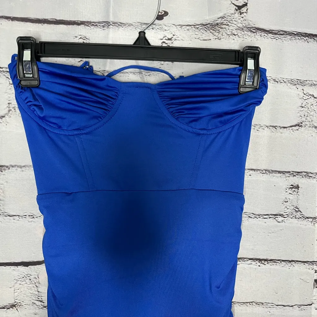 Lucy in the Sky Strapless Dark Blue Dress SZ S Tie Back Ruffled Sheath Designer - Image 5
