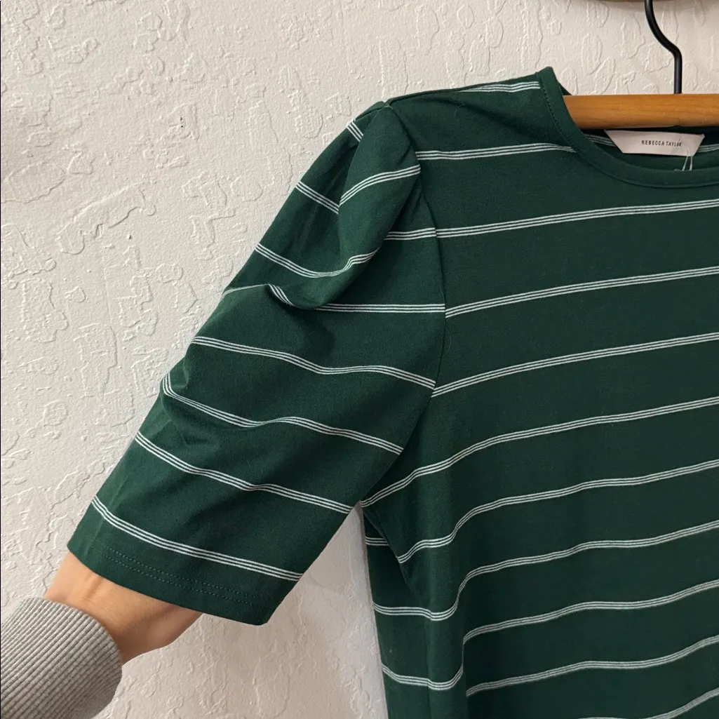 Rebecca Taylor Green A Line Puff Sleeve Stripe T Shirt Small - Image 3