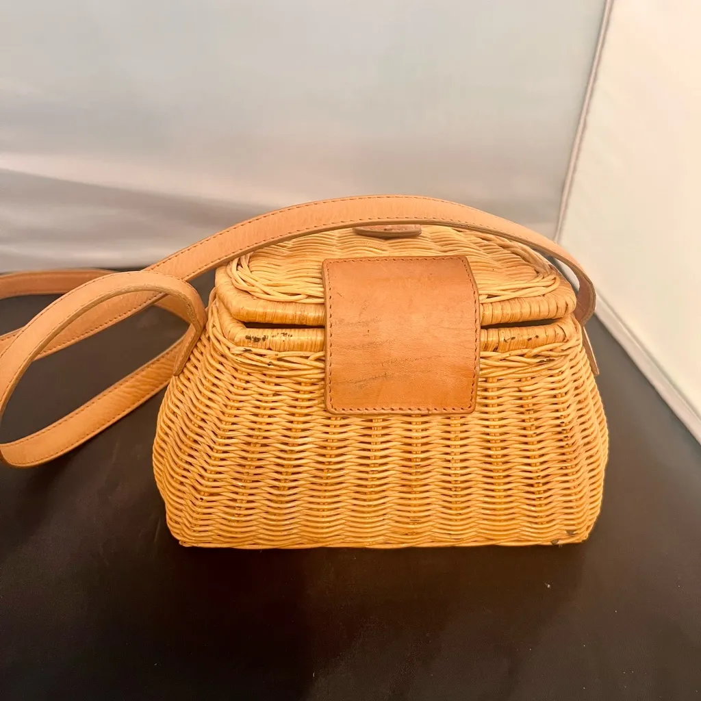 Etienne Aigner Leather Trim Natural Woven Rattan Creel Purse with Leather Trim - Image 2