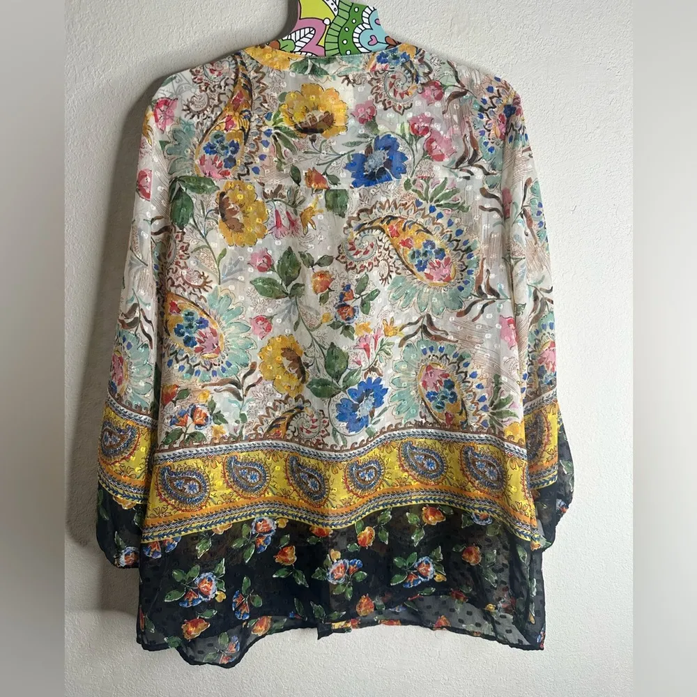 Fig & Flower Border Print Boho 3/4 Sleeve Blouse size medium Black - Image 5