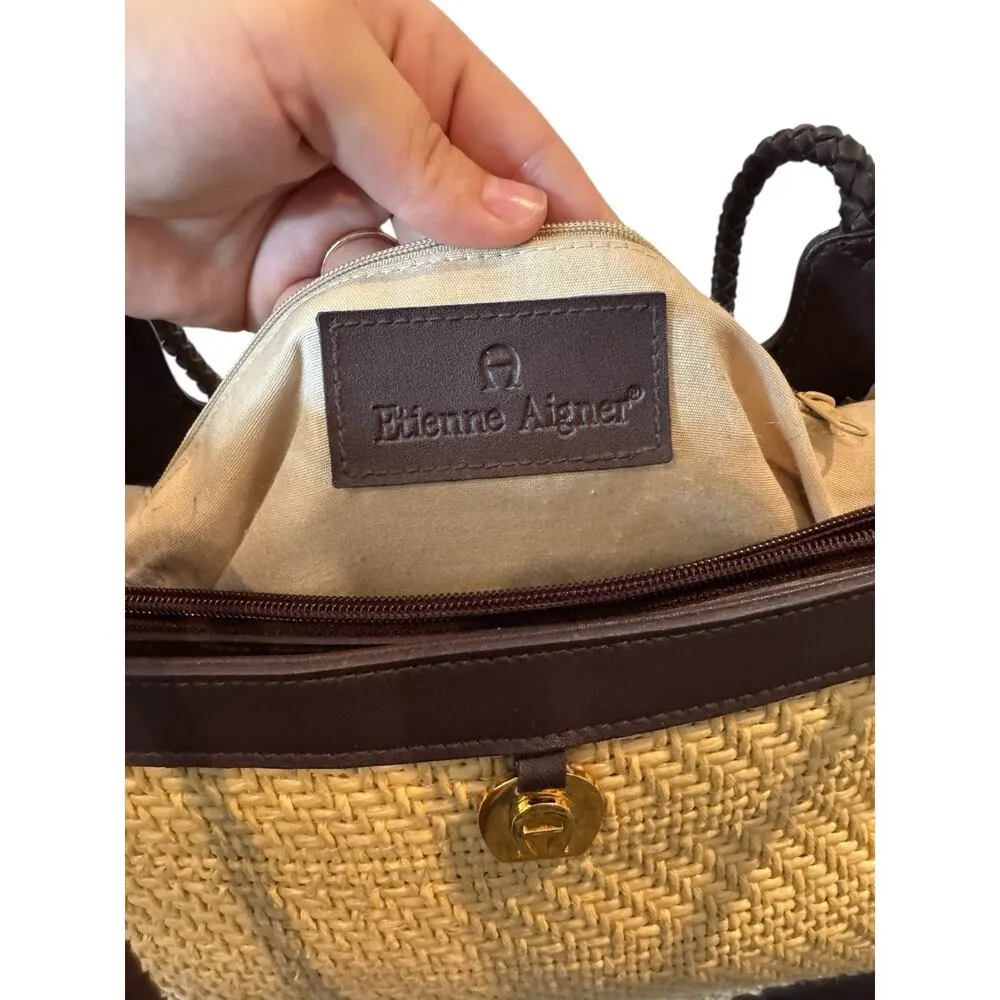 Etienne Aigner Straw Tote Bag Brown Leather Trim Shoulder Purse Preppy Coastal - Image 8