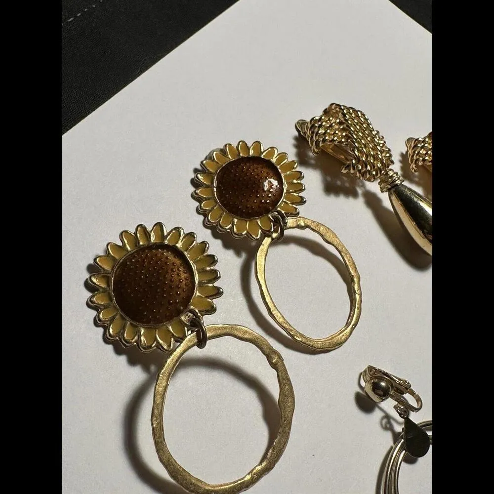 Lot Of 3 Gold Tone Metal Dangle Drop Clip On Earrings 1 Pair Of Enamel Sunflower - Image 4
