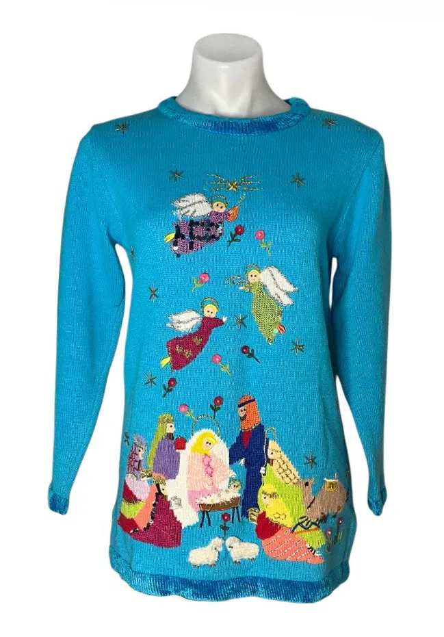QUACKER FACTORY Blue Sweater Christmas Nativity Scene Angels Size XS 90s VINTAGE - Image 1