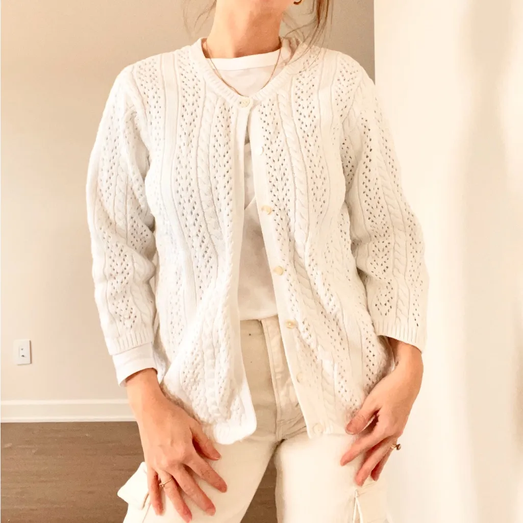 Vintage Eddie Bauer White Crochet Cardigan - Image 2