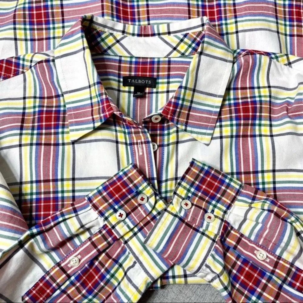 Talbots Classic Cotton Plaid Button Down Shirt Medium White Red Yellow Blue - Image 8