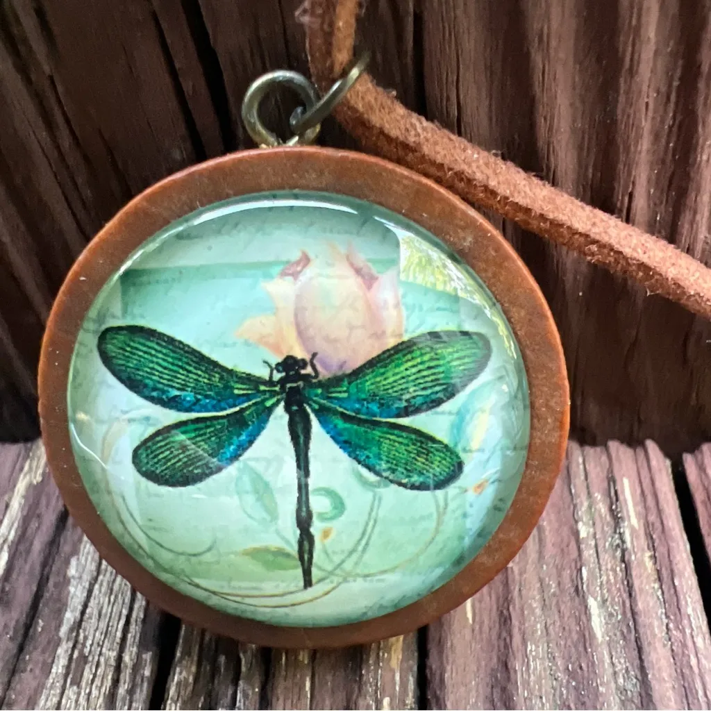 Artisan Dragonfly Glass Front Dome Earthy Cottagecore Wooden Pendant Necklace Green - Image 12