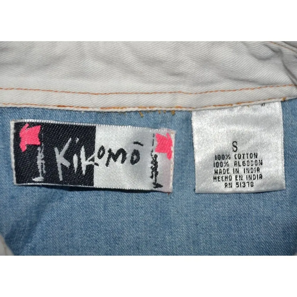 Vintage 90's Small Kikomo Denim Striped Shirt Sleeveless Button Leather Trim Top White - Image 9