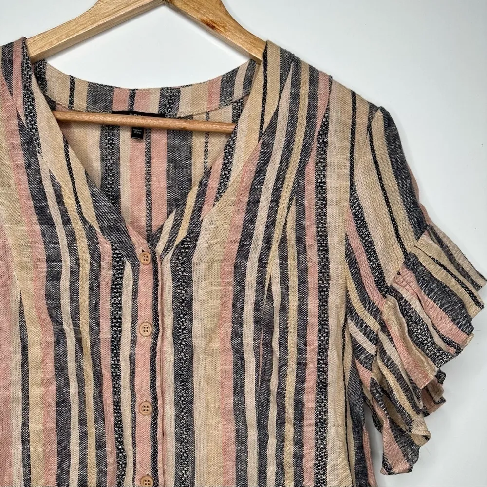 Anthropologie Drew Striped Ruffle Sleeve Linen Blouse Top Size Small - Image 3