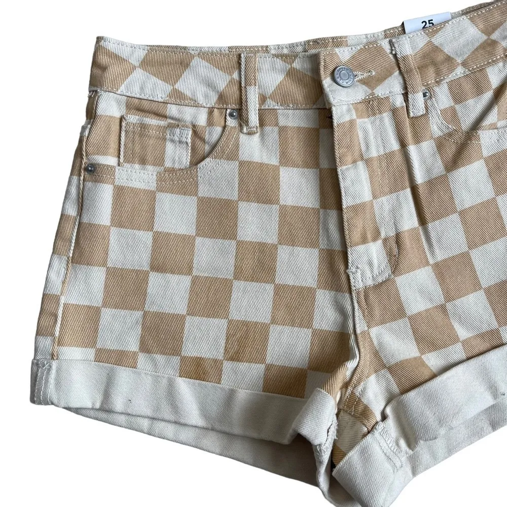 PacSun Women’s Checkerboard Mom Shorts Size 25 Tan Checker Denim High Waist - Image 5