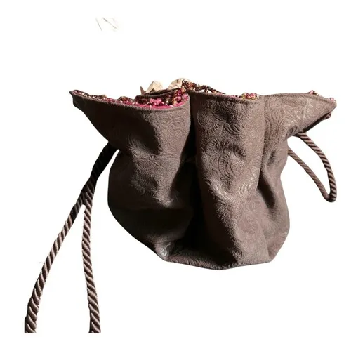 Designer Embossed Hobo Bag Chocolate Brown Rope Handle Embellished Beaded Detail - Image 5