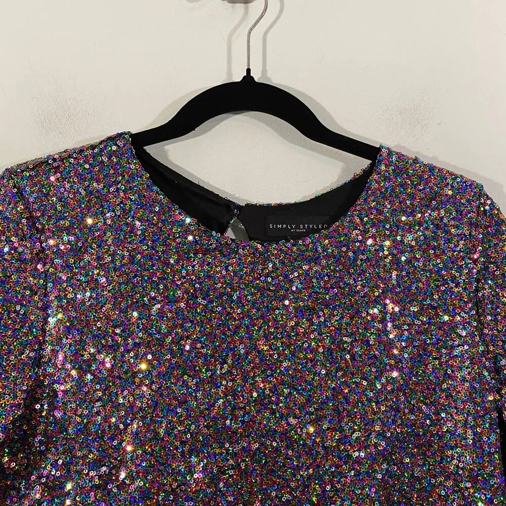 Simply Styled Women's Multicolor Sequins Short Sleeve Blouse Size M Concert - Image 2