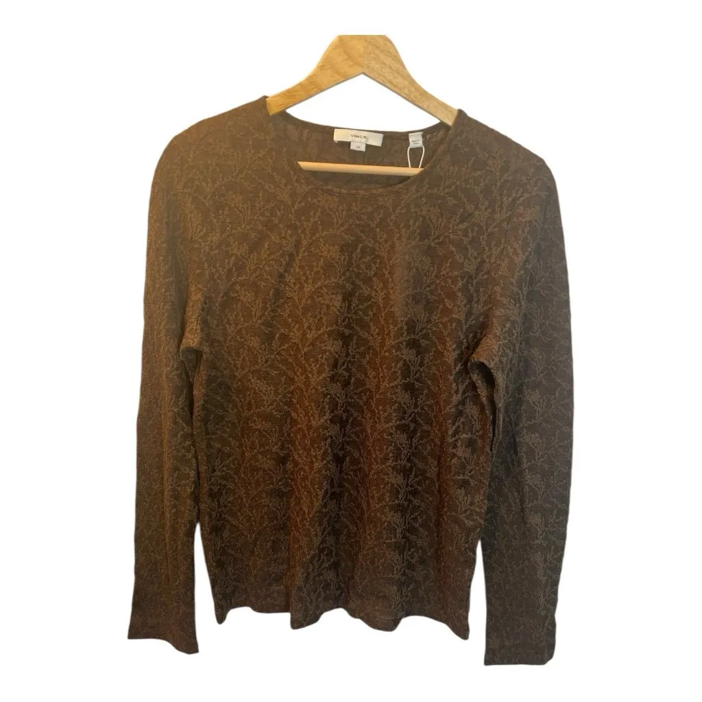 Vince Jacquard Crewneck Lace Top Large Brown Wool Blend Long Sleeve Fitted NWT - Image 2