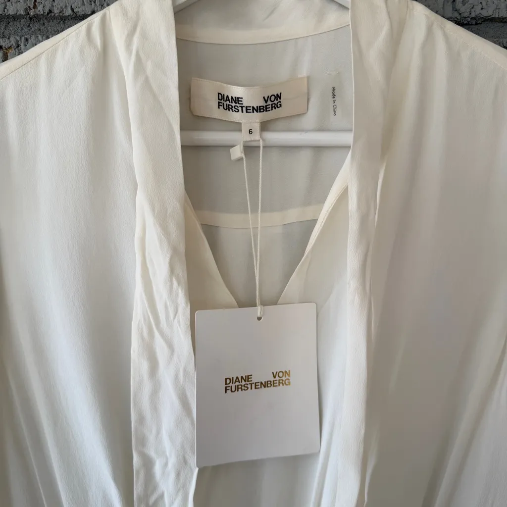 DIANE VON FURSTENBERG Agna Tie Neck Long Sleeve Silk Midi Dress Ivory Sz 6 $528 - Image 14