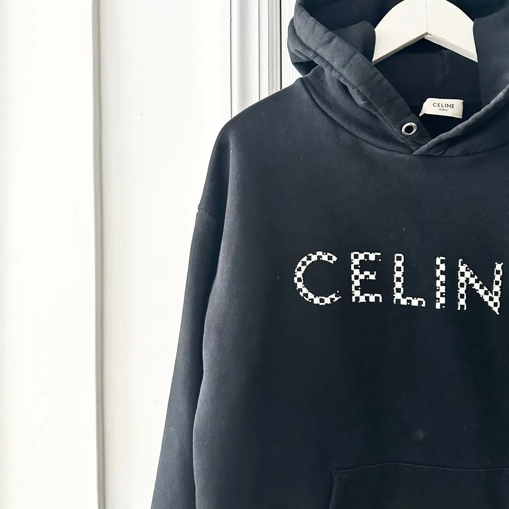 Celine Black Loose Oversized Checkered Studded Logo Drawstring Hoodie Small Read - Image 3