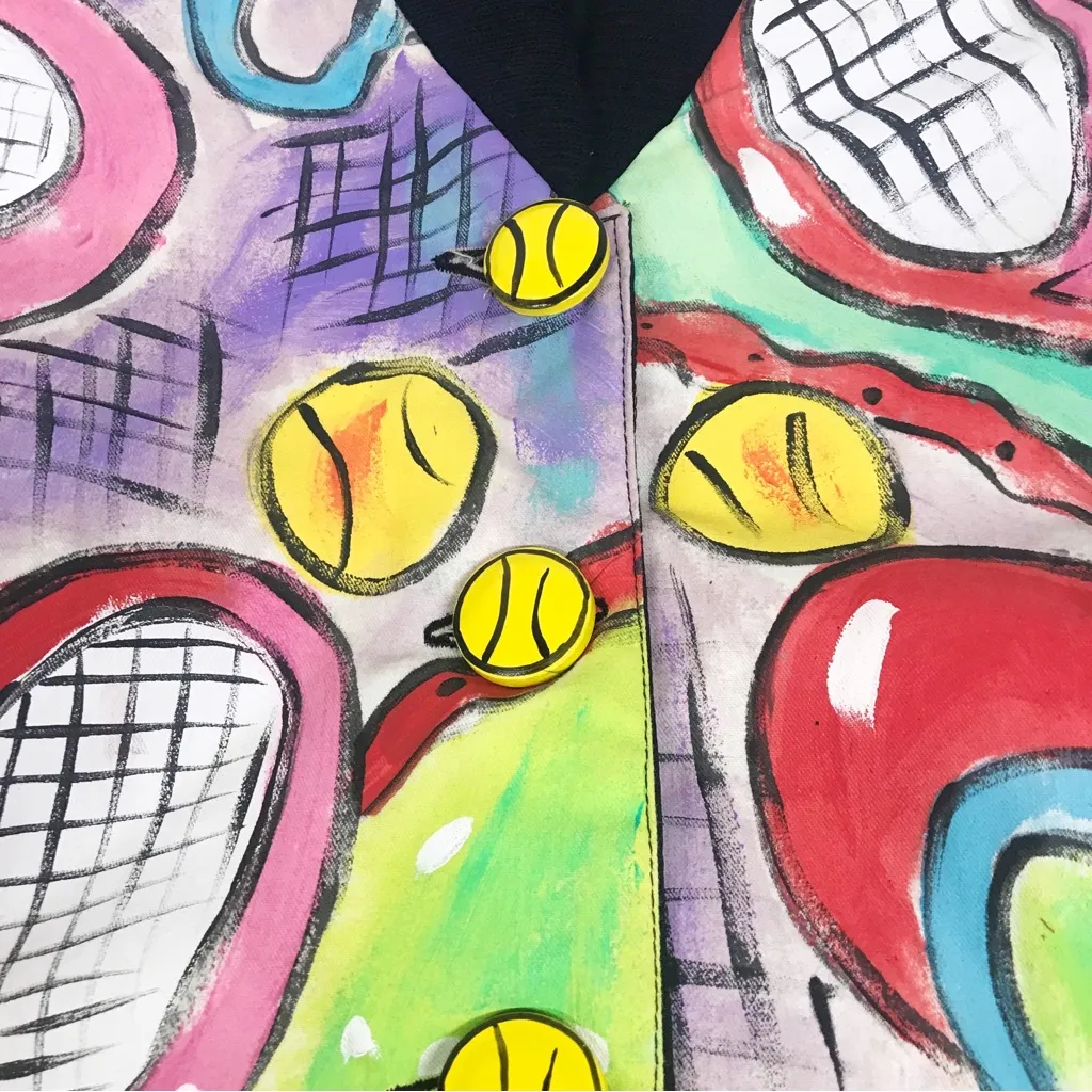 VINTAGE Hand Painted Bomber Jacket Tennis Wearable Art‎ Artsy 80s 90s Size Small Green - Image 8