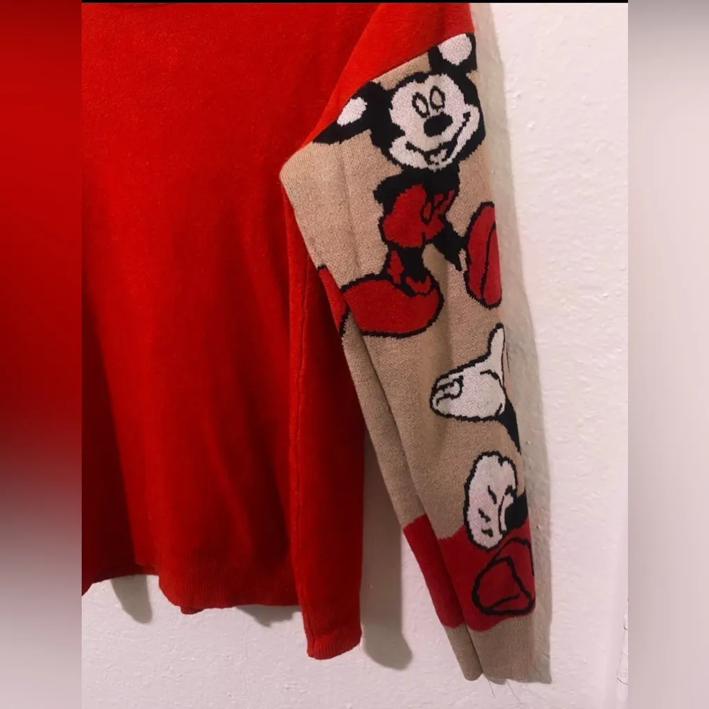 Red Sweater with Cartoon Character Sleeves Size Medium Round Neck Mickey Mouse - Image 4
