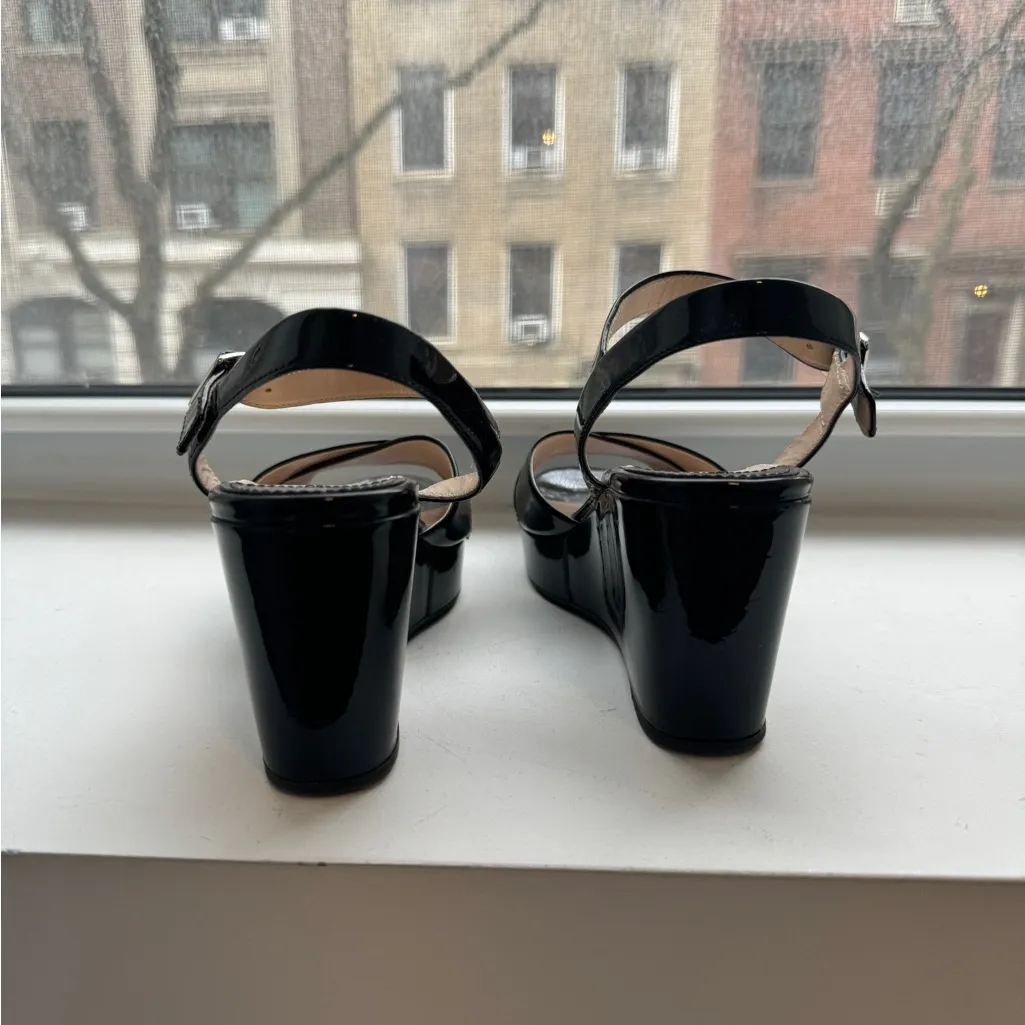Black Prada Patent Leather Wedge Sandals - Image 7
