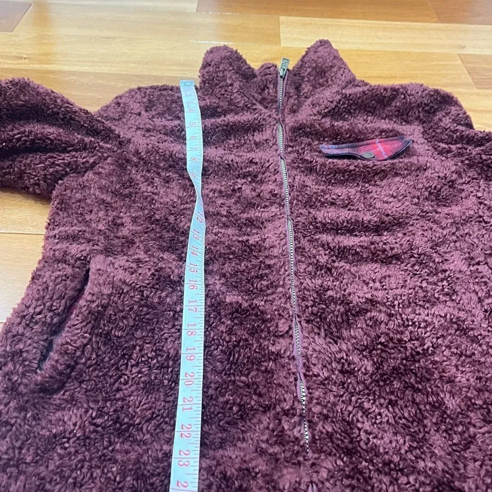 Pendleton Zip Up Burgundy Boucle teddy Fleece Jacket With Plaid Pocket Size L - Image 9