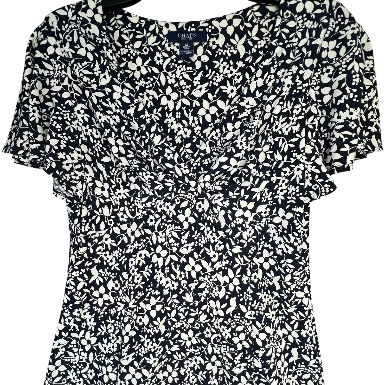 Chaps Blue White Floral Midi Dress M Empire Waist A Line Jersey Stretch Cottage - Image 4