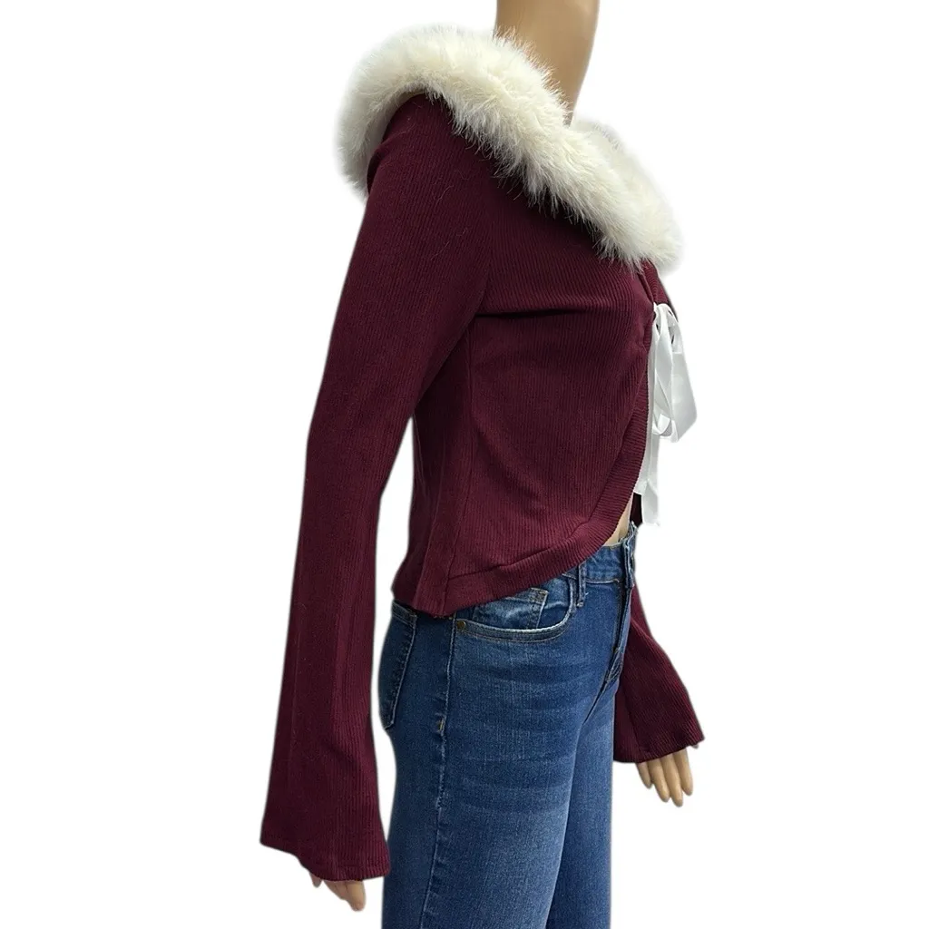 Faux Fur Removable Collar Burgundy Ribbed Knit Tie Front Bell Sleeve Cardigan M - Image 4