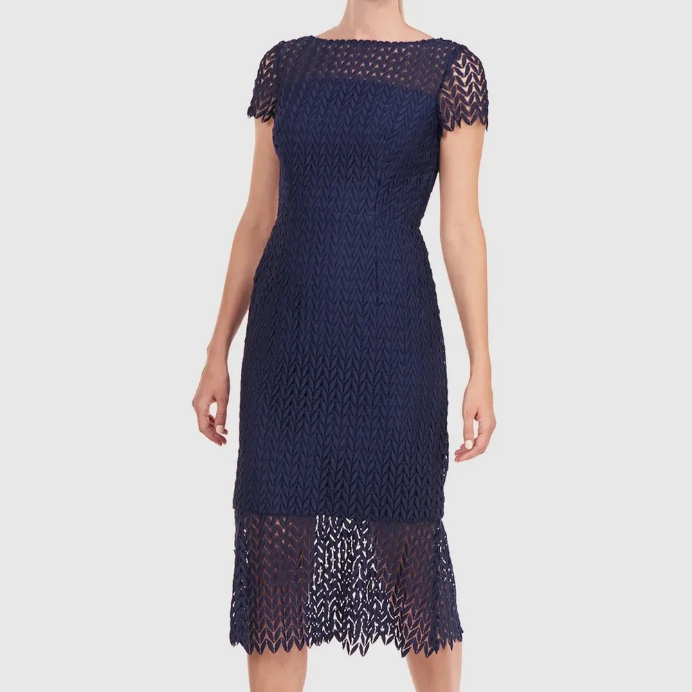 Kay Unger TATUM Black Lace Floral Petals Short Sleeve Midi Cocktail Dress - Image 2