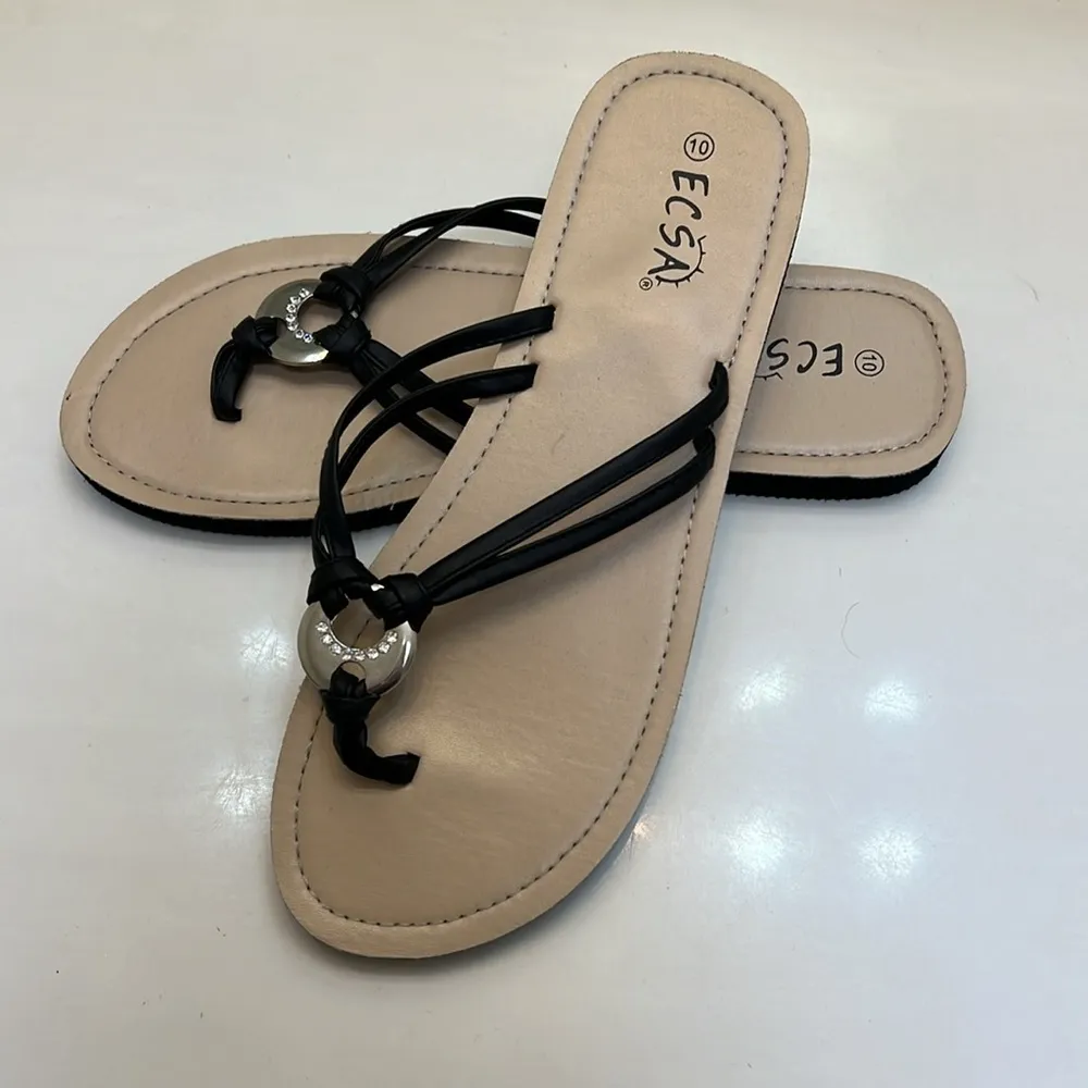 Black Flip Flop Sandals with Silver Rhinestone Sz. 10 Like New - Image 2