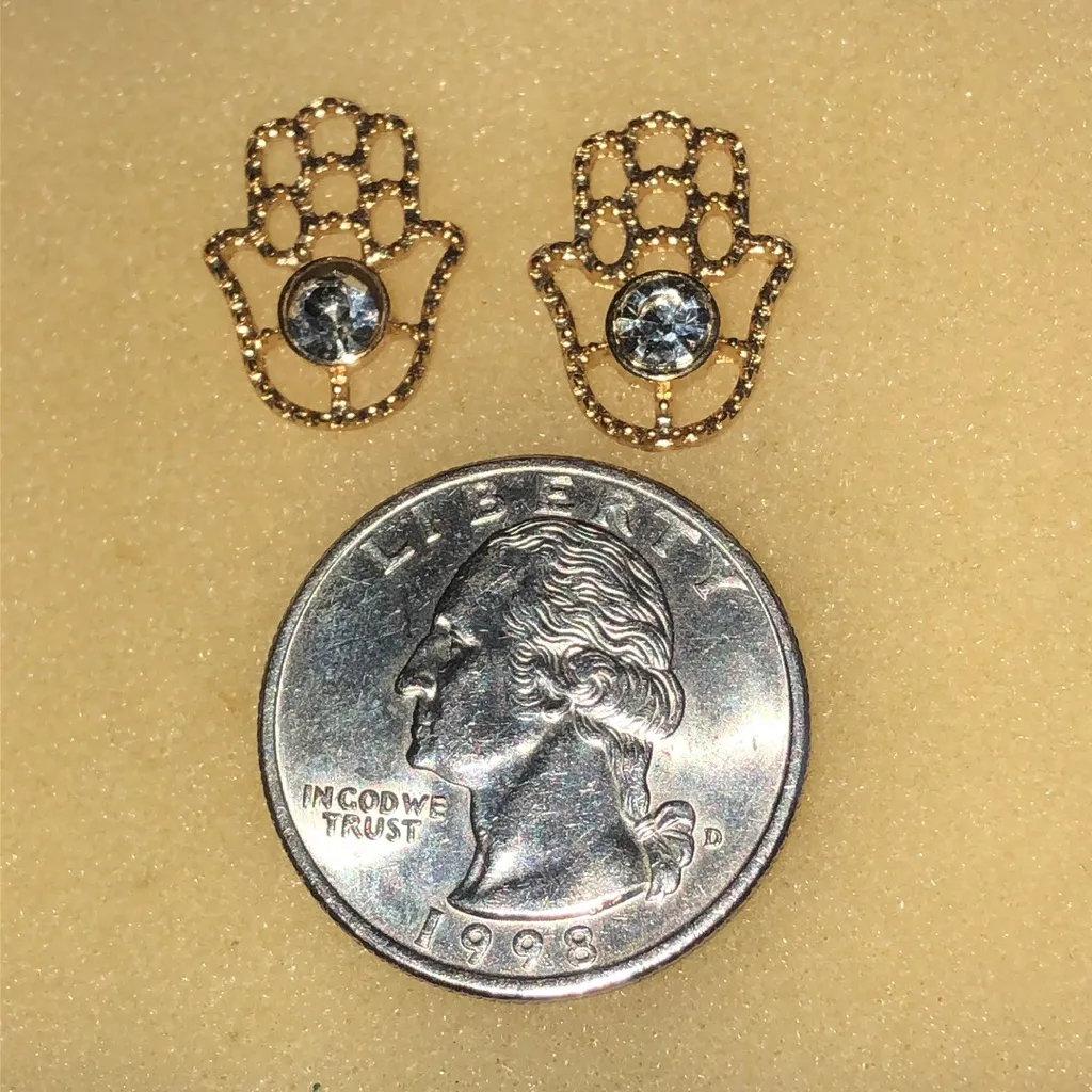 Gold Tone Hamsa Hand Earrings with Crystal Accent - Image 4