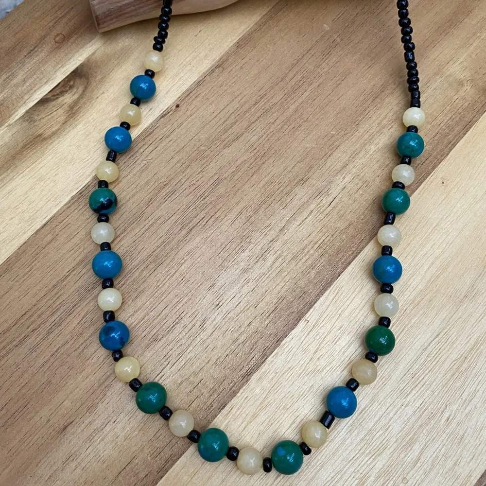 Handcrafted Artisan Chrysocolla and Yellow Agate Stone Bead Necklace - Image 3