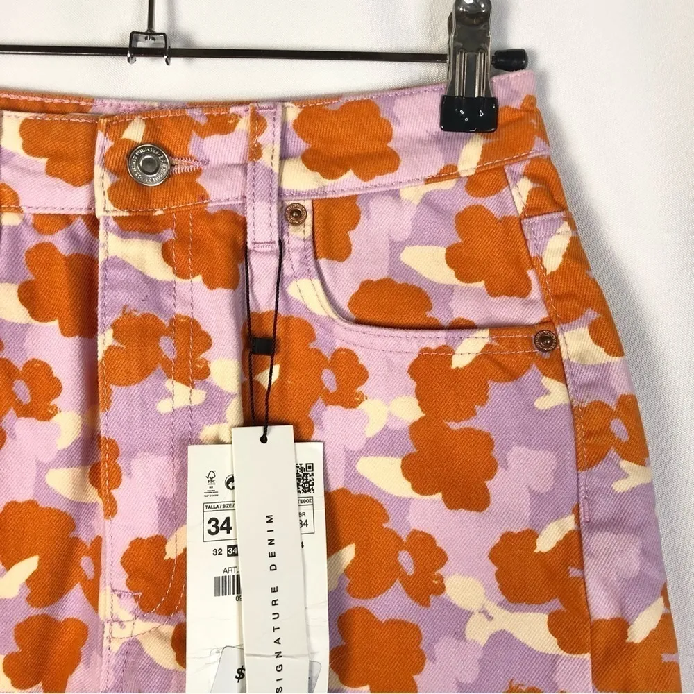 Zara The 90s Purple & Orange Poppy Floral High Rise Denim Shorts 2 - Image 3