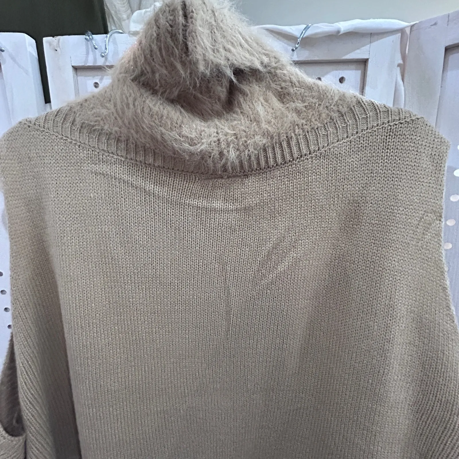 Avenue Fuzzy Knit Vest Cardigan Tan Open Front Waterfall Collar Sleeveless - Image 8