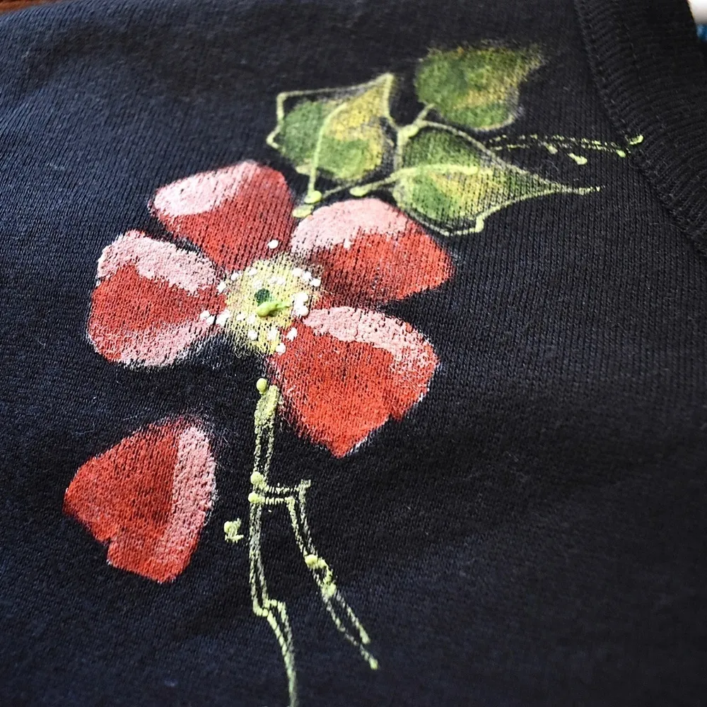 XL- Hand Painted Floral Black Women's Crewneck Australian Vintage Sweater - Image 5