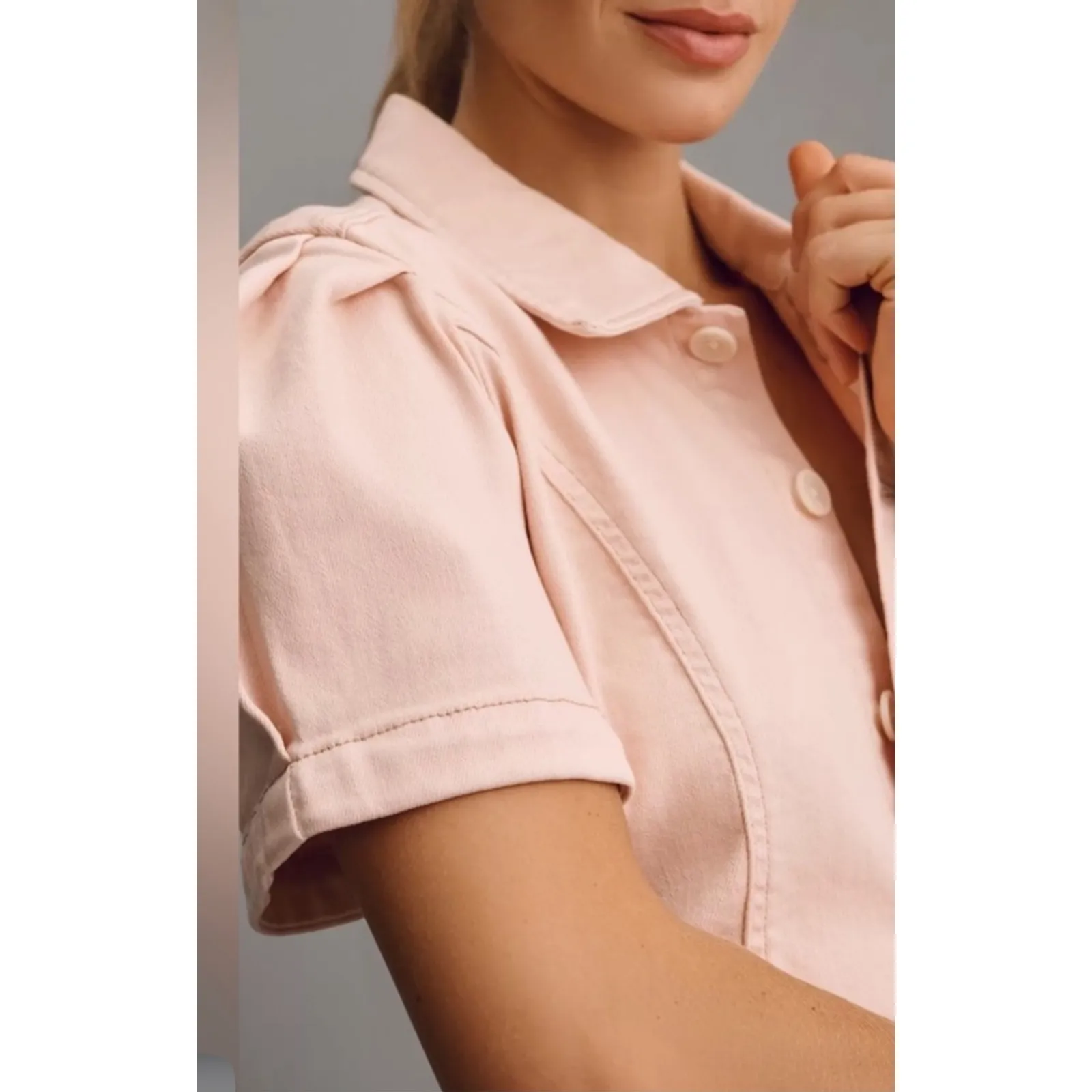 Anthropologie pilcro The Kit Denim Romper Jumpsuit‎ Pink Short Sleeve Utility 8 - Image 3