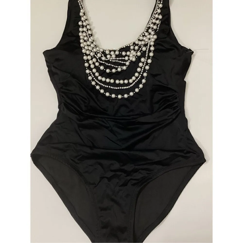 New. Amita Naithani black pearls and rhinestone swimsuit. Small. Retails $169 - Image 8