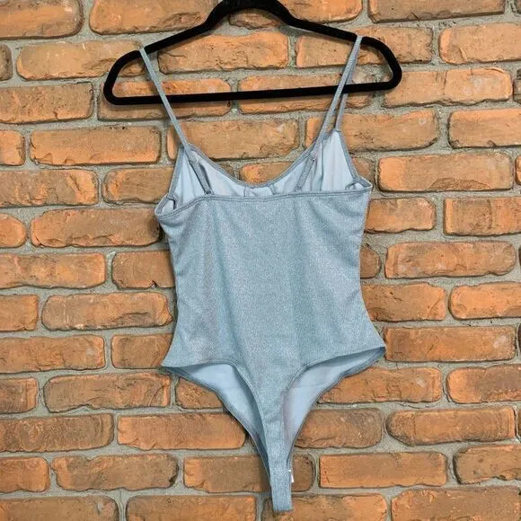 Iris Women's Metallic Shimmer Scoop Neck Pastel Blue Sleeveless Bodysuit Size‎ S - Image 2