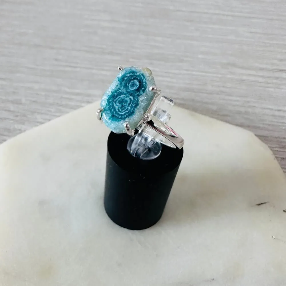 Sterling Silver Mediterranean Green Quartz Stalacitite Slice Ring Blue - Image 5