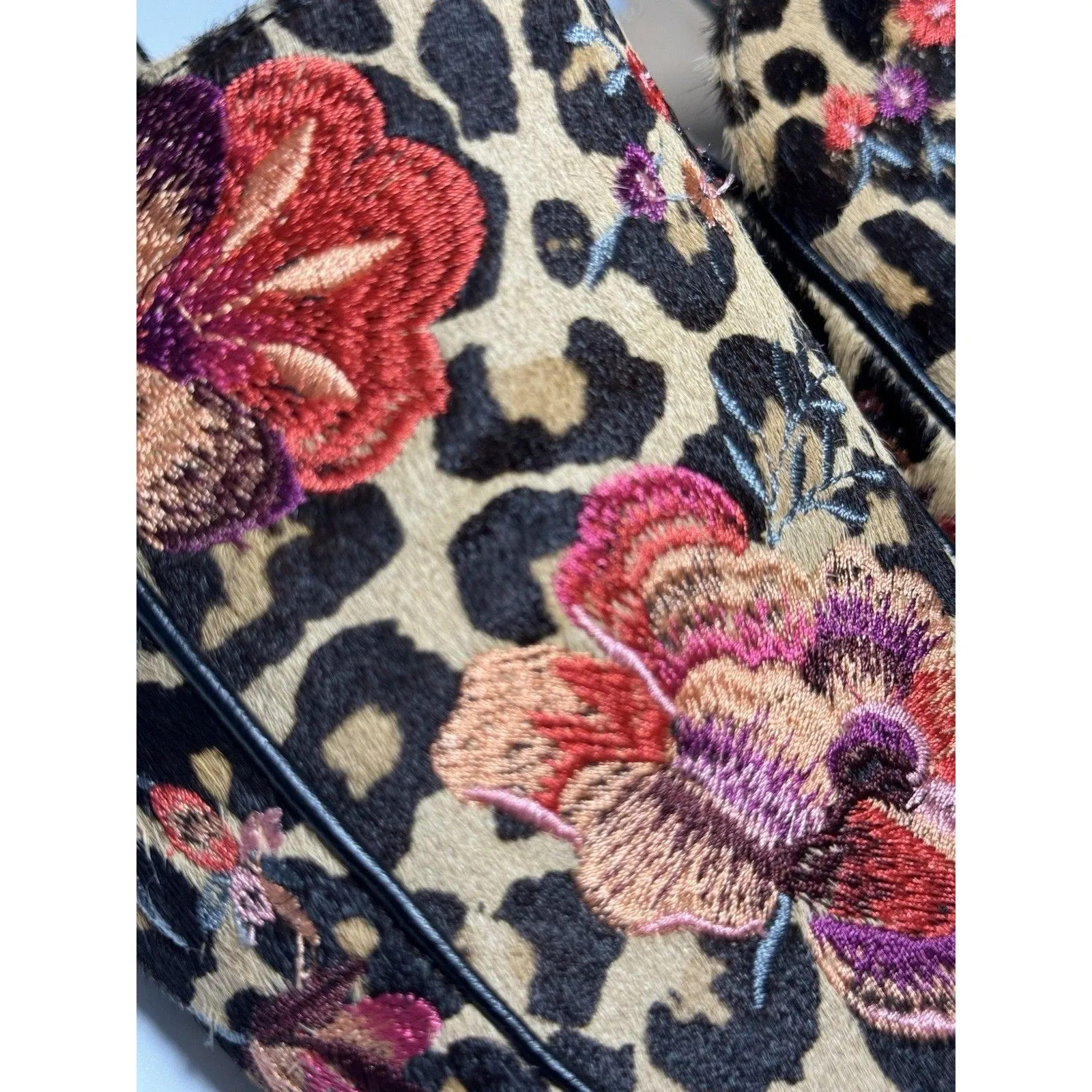 INC Women's Leopard Floral Embroidered Flats Real Calf Hair Mules Shoes 10.5 - Image 9