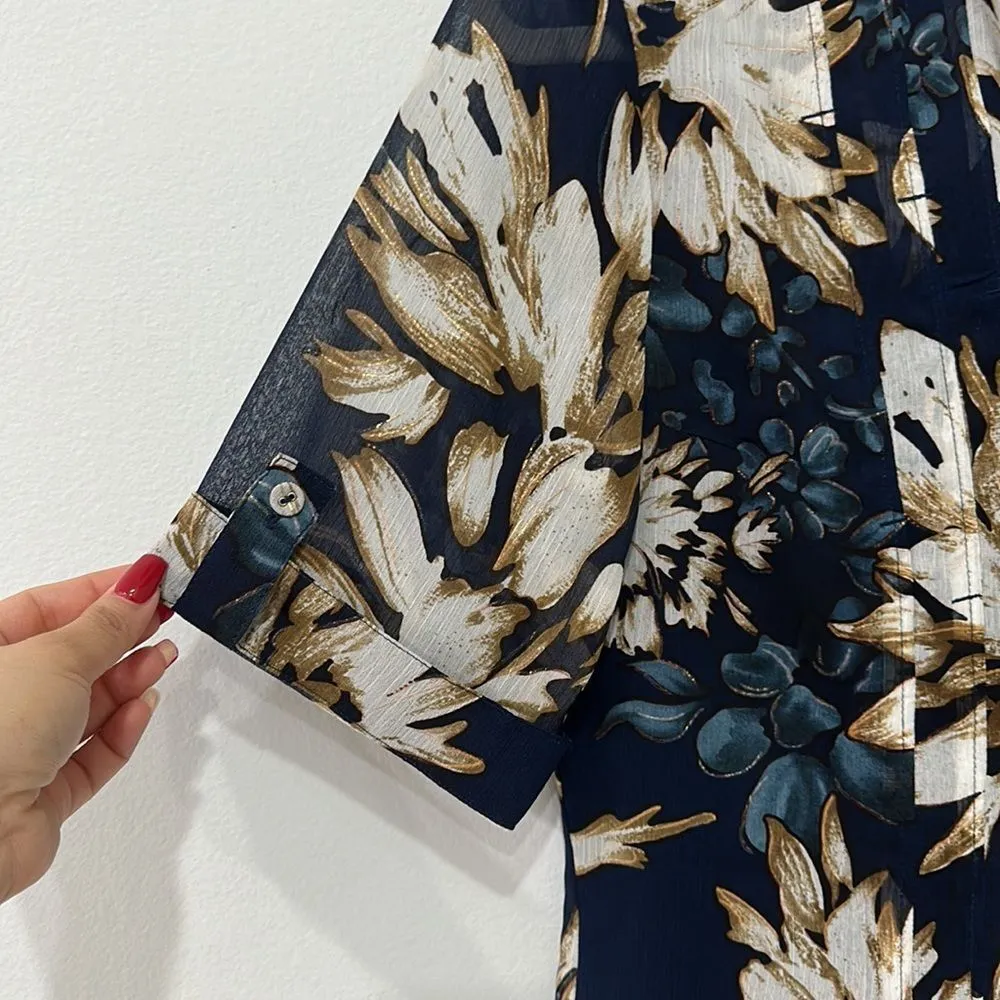 Pleated Blouse Floral Print Short Sleeve Sz PS - Image 3