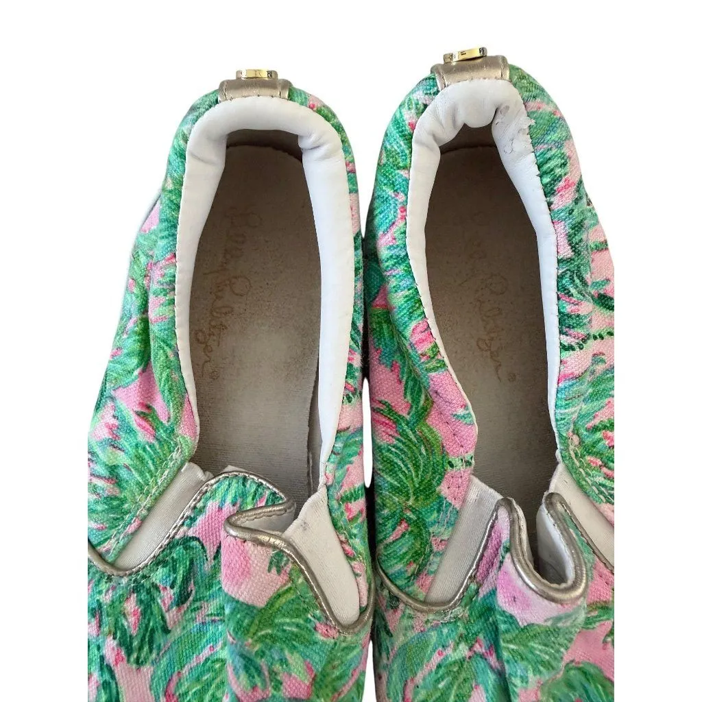 LILLY PULUTZER Pink Green Palm Tree Print Slip On Sneakers Size 7 - Image 5