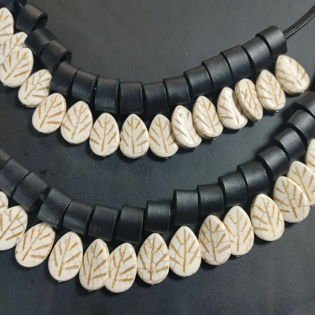 Tribal Necklace Black Tube Leather Stone White Leaf Beads Boho Statement Jewelry - Image 11
