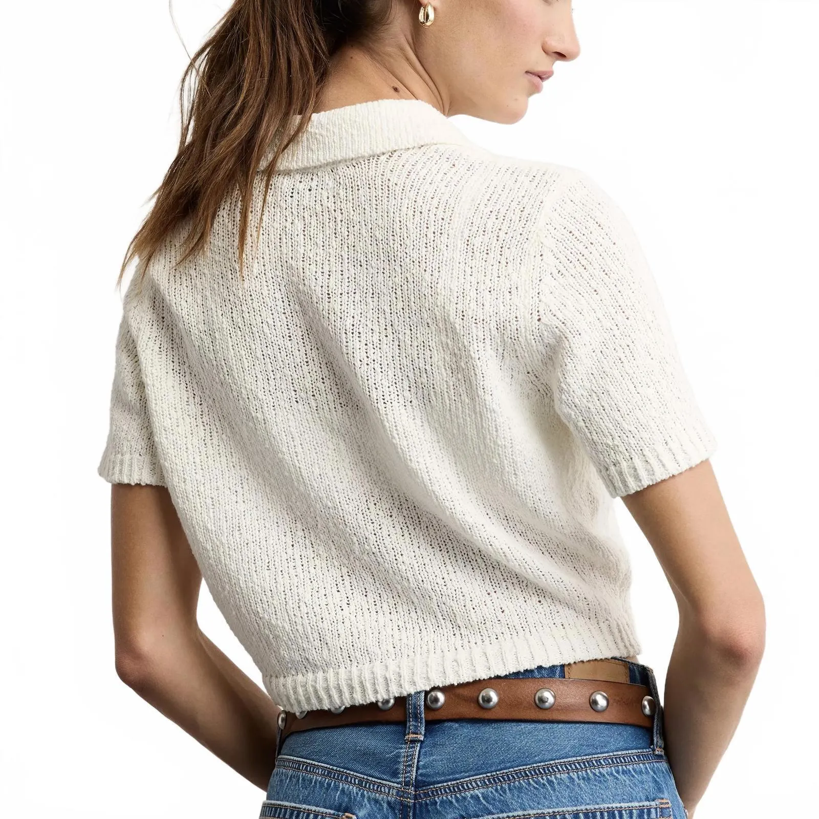 AE Cotton Short-Sleeve Collared Button-Up Cardigan American Eagle Cream NWT XL - Image 4