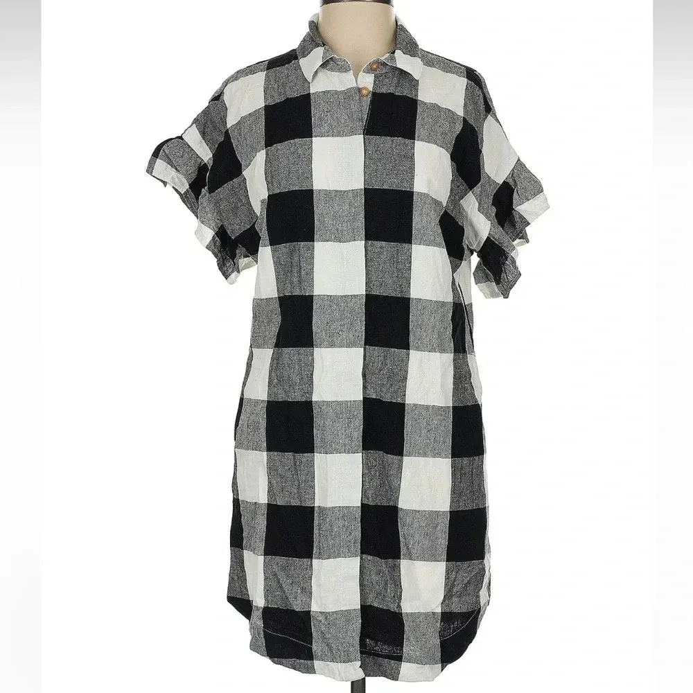 Anthropologie The Odells Black White Check Plaid Linen Dolly Shirtdress Size S - Image 6