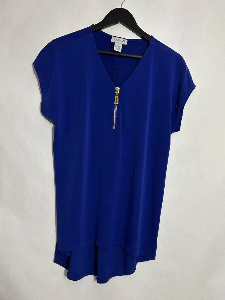 Carmen Marc Valvo Blue V-Neck Zip High Low Top Size Large Businesscore Office - Image 5