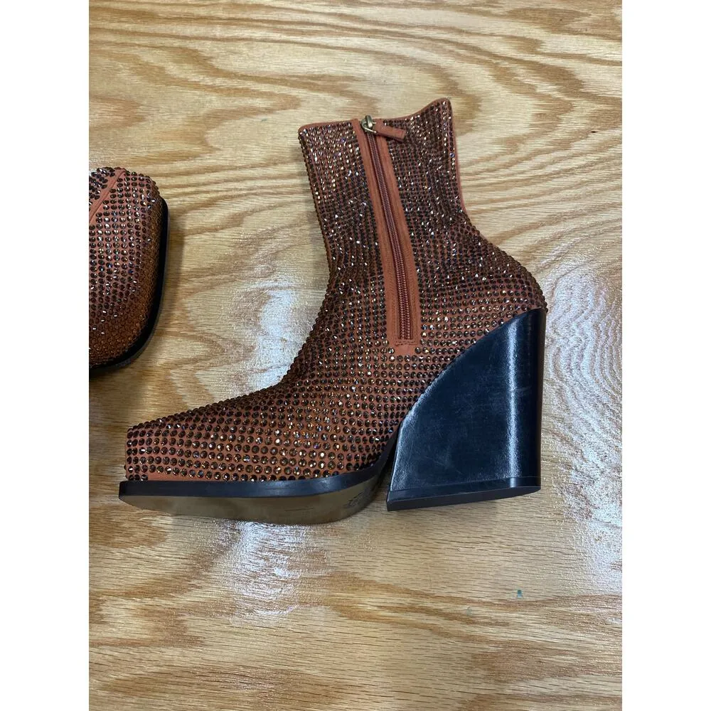 Stella McCartney Cowboy Crystal Embellished Booties Women's 8 Rust (s19) - Image 7
